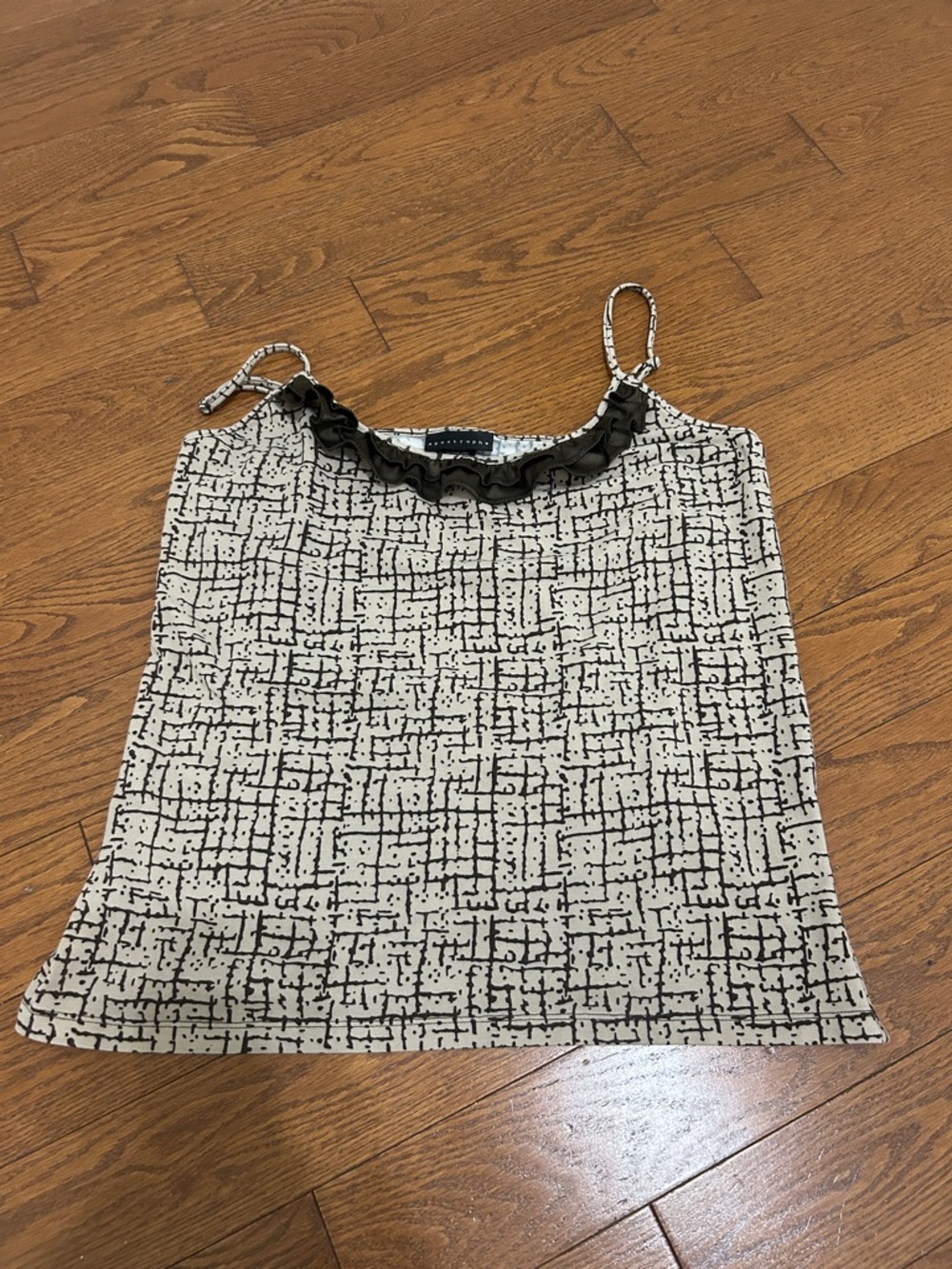 Apostrophe Black & Cream/brown Grid-Pattern Ruffle Cami